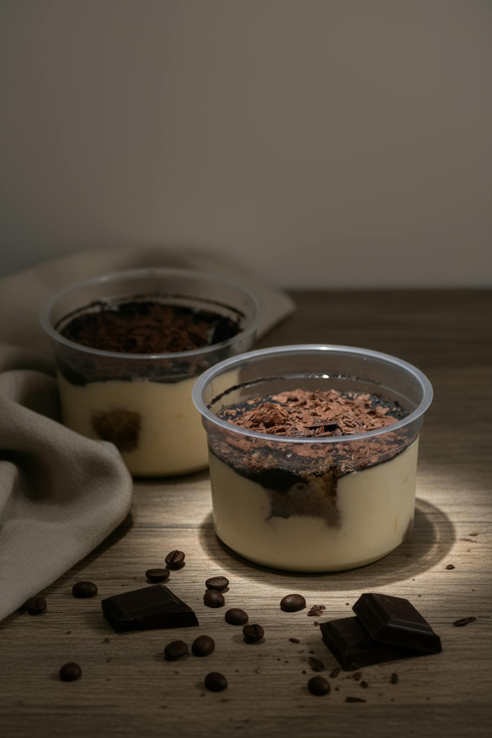 Two creamy tiramisu cups topped with rich chocolate shavings, perfect for dessert lovers.